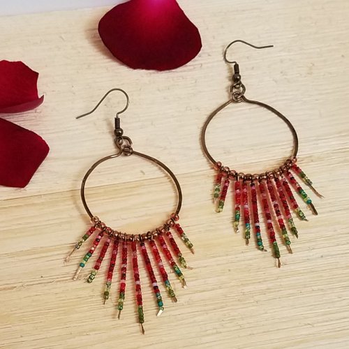 Red Poppy Earrings with Beaded Fringe