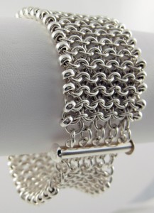Marilyn Gardiner's Using Clasps with Chain Mail - , Chain Maille Jewelry, Making Chain, Chain Making , Design, Silver slider clasp on chain mail