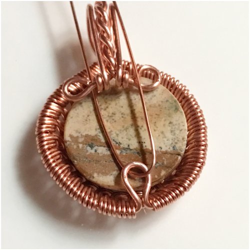 Erika Pal's Loop Bezel Pendant - , Contemporary Wire Jewelry, Findings, Clasps, Components, Loops, Wire Loop, Wrapped Wire Loop, Weaving, Wire Weaving, Weaving Wire, Insert the bent weaving wire into the bottom loop