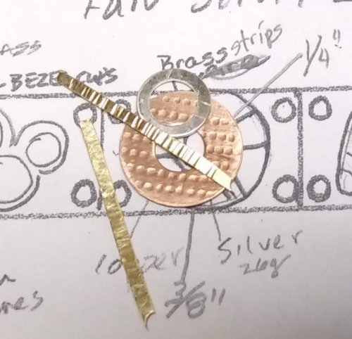 Judy Larson's Mixed Metal Sampler Bracelet 8 - Fun Shapes - , Metalwork, Cutting, Cutting Tool, Cutters, How To Punch Holes, Hole Punching, Punch A Hole, Butane Torch, Soldering, Solder, Cut several 1/16 wide strips of 24 or 26 gauge brass.
