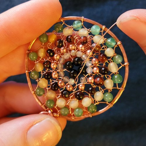 Jennifer Brooks's Dyer's Mushroom Netted Hoop Pendant - , Contemporary Wire Jewelry, Lashing, Wire Lashing, Wire Wrapping, Wrapping, Wire Wrapping Jewelry, ,  Continue back to the center wire of the last bead-loop