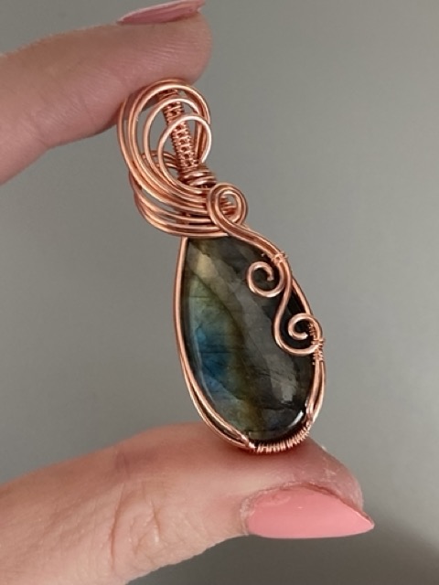 Elizabeth Schultz's Swirly Teardrop Pendant  - , Classic Wire Jewelry, Wire Wrapping, Wrapping, Wire Wrapping Jewelry, Weaving, Wire Weaving, Weaving Wire, finished wrapped cabochon