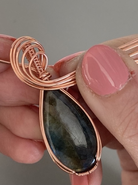 Elizabeth Schultz's Swirly Teardrop Pendant  - , Classic Wire Jewelry, Wire Wrapping, Wrapping, Wire Wrapping Jewelry, Weaving, Wire Weaving, Weaving Wire, take all the wires around the back