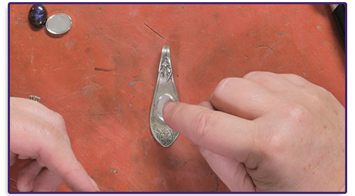 Kim St. Jean's Bezel-Set Spoon Pendant by Kim St. Jean - , Metalwork, Riveting, Riveting Techniques, Wire Rivets, Sawing, Saw, Wire Saw, Texturing, Butane Torch, Soldering, Solder, need-2-rivets-to-set-this-bezel-cup