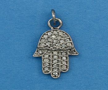 Sterling Silver Charm with Pave Diamonds Hamsa 19x11mm - Pack of 1
