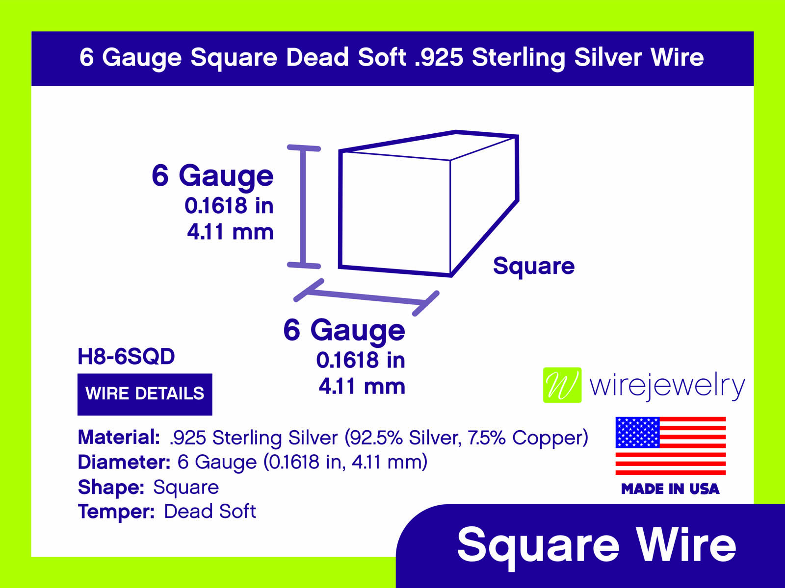 Sterling Silver Square Wire 6-Ga. Dead-Soft