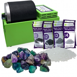 WireJewelry Single Barrel Rock Tumbler Kit - Includes 3 Pounds of Rough Rainbow Fluorite  Stone Mix, 2 Batches of 4 Step Abrasive Grit and Polish with Plastic Pellets