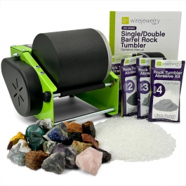 WireJewelry Pro-Series Single Barrel Rock Tumbler Kit - Includes 1.5 Pounds of Gemstones of the World Stone Mix and 1 Batch of 4 Step Abrasive Grit and Polish with Plastic Pellets
