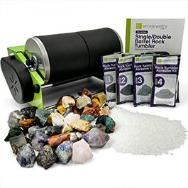 WireJewelry Pro-Series Double Barrel Rock Tumbler Kit - Includes 3 Pounds of Gemstones of The World Stone Mix and 2 Batch of 4 Step Abrasive Grit and Polish with Plastic Pellets
