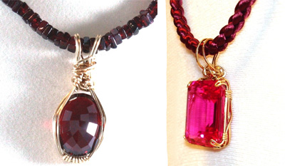 Left: Ruby wrapped with bronze wire and hung on a garnet strand. Right: Emerald-cut Pink Sapphire (27mm x 23mm x 12mm) hung on a braided satin cord. Both wrapped by Julia McCormack.