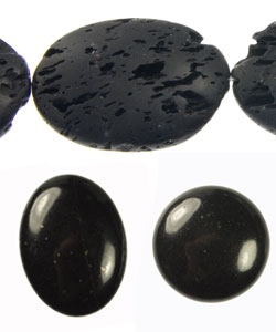 Polished basalt cabochons and rough lava beads.