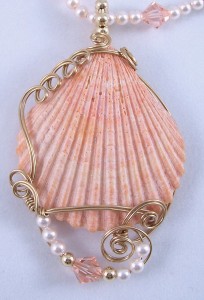 Gold filled wire wrapped clam shell pendant by Frances Lediaev