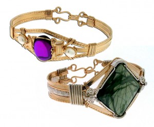 Created using 14kgf wire, the top bracelet is Dale’s “Victorian Bangle”, and was designed to include an 18x13mm amethyst cabochon and freshwater pearls; while the example on the right uses a combination of argentium, 14kgf, and sterling silver pattern wire. The imperial jasper was custom cut, in studio Cougar’s  Creations, exclusively for this bracelet. 