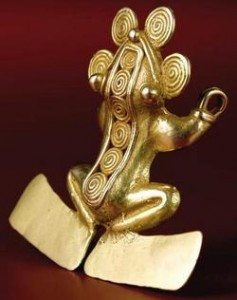 A Pre-Columbian gold frog-form pendant.